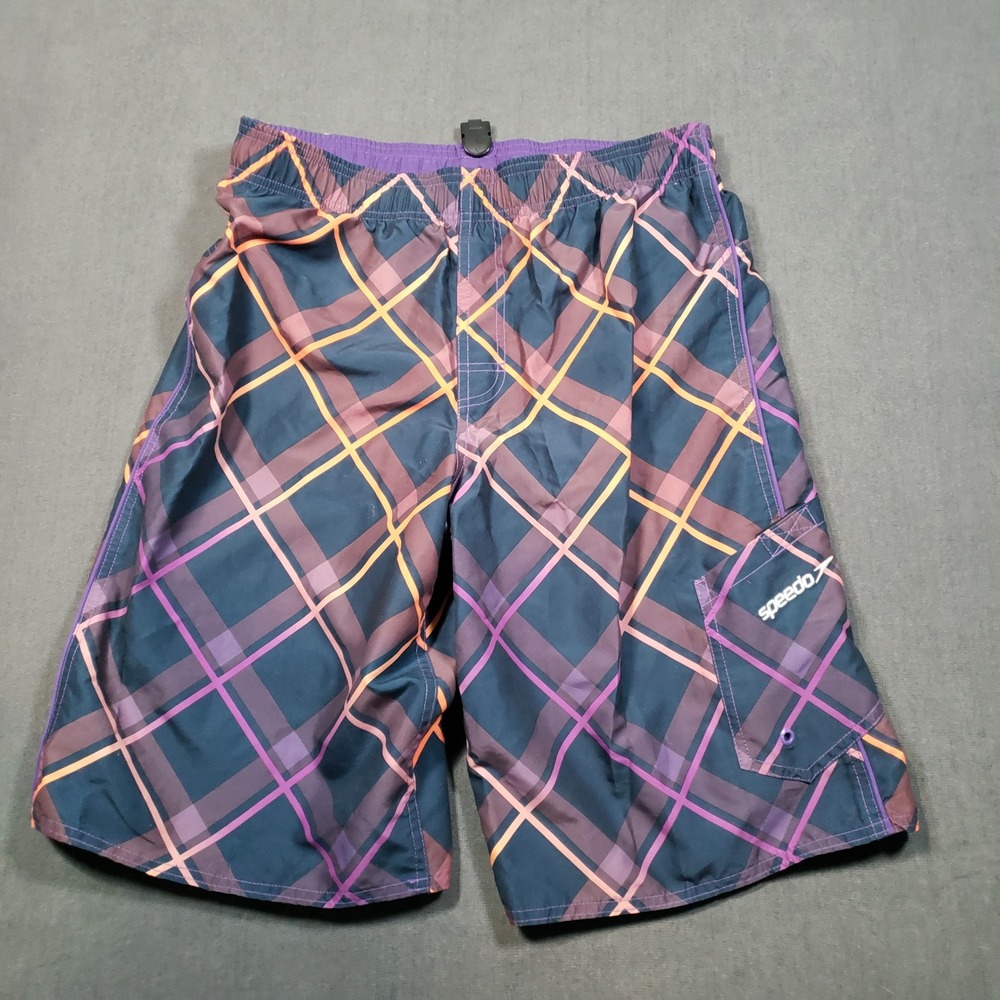 Speedo Swim Trunks Mens XL Purple Plaid‎ Board Shorts Cargo Pocket